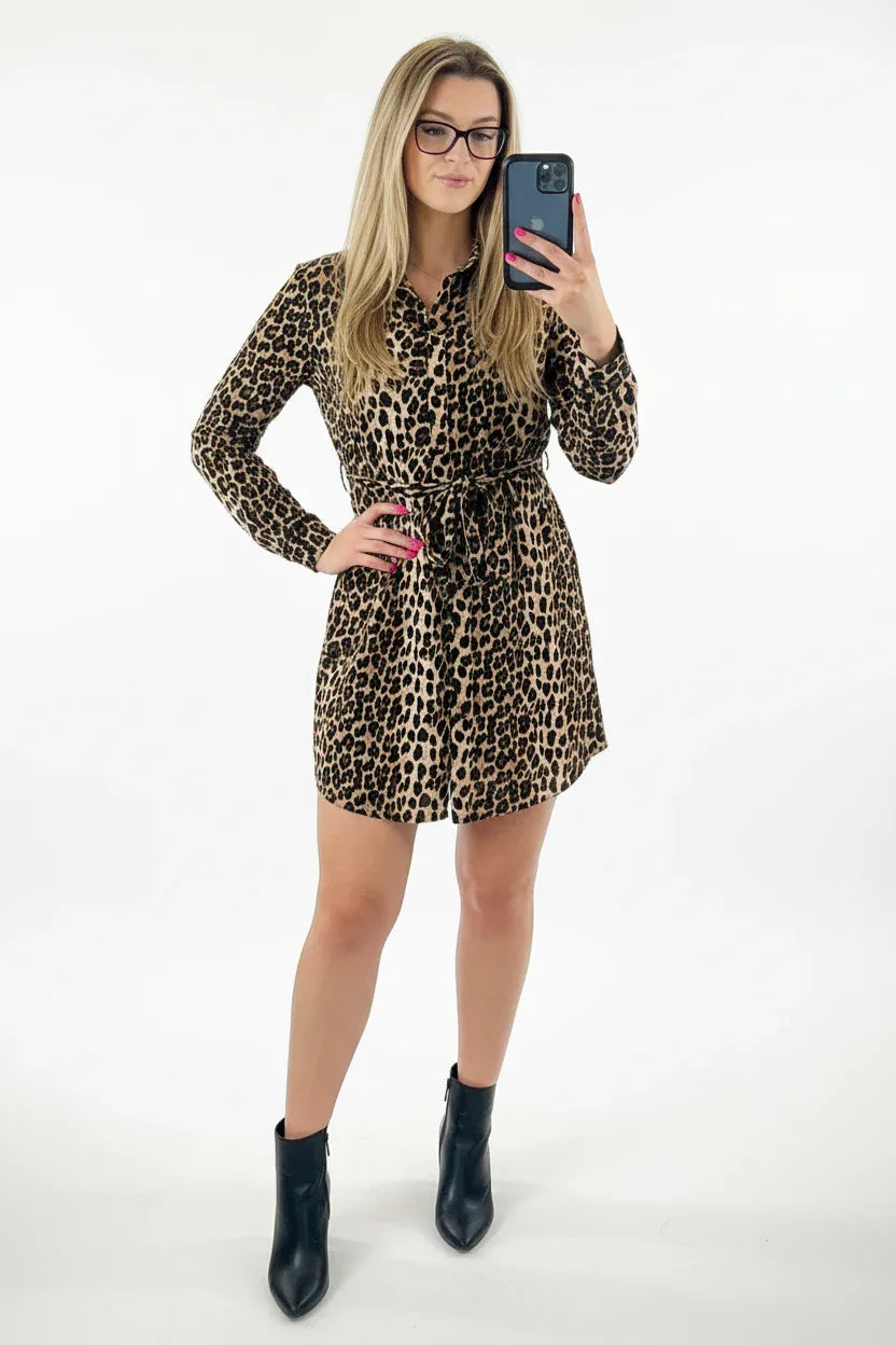 Leopard Print Shirt Dress | Women's Long Sleeve Mini Dress UK - Ivory Luxe