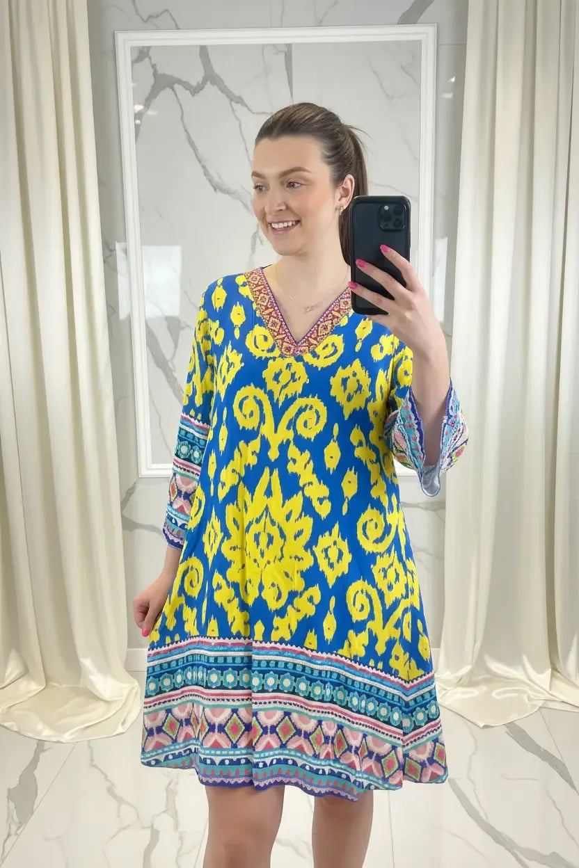 Women's Embellished Kaftan Dress UK | Luxury Printed Boho Tunic | Designer Short Dress - Ivory Luxe