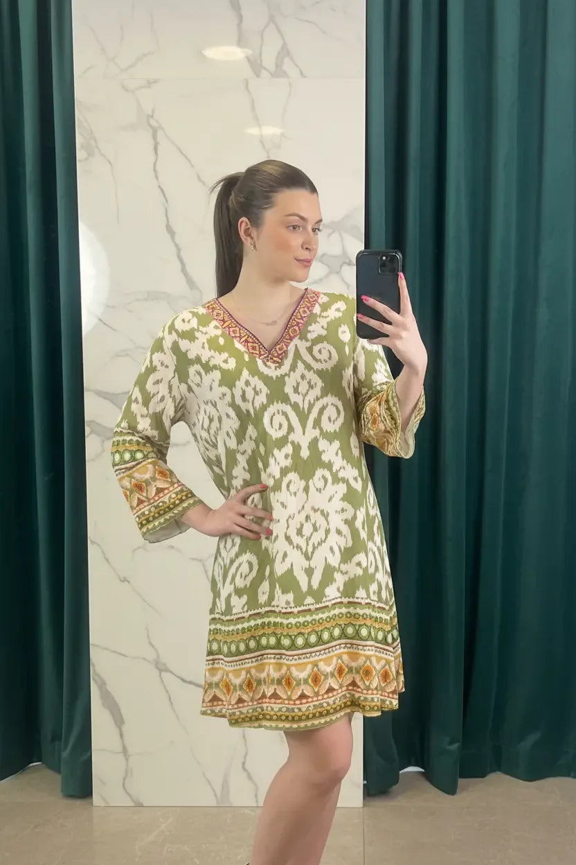 Women's Embellished Kaftan Dress UK | Luxury Printed Boho Tunic | Designer Short Dress - Ivory Luxe