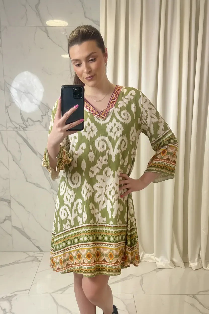 Women's Embellished Kaftan Dress UK | Luxury Printed Boho Tunic | Designer Short Dress - Ivory Luxe