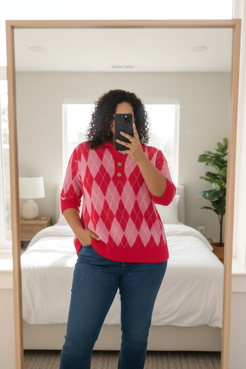 Realistic mirror selfie with argyle sweater