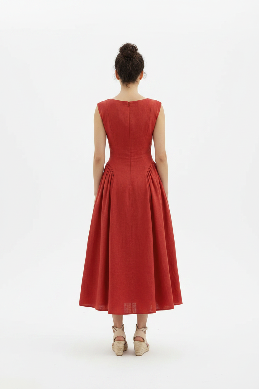 Red Linen Midi Dress – Back