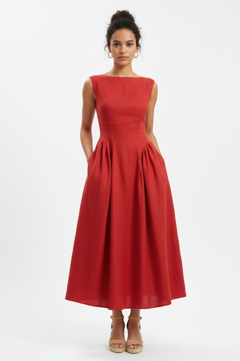 Red Linen Midi Dress – Front