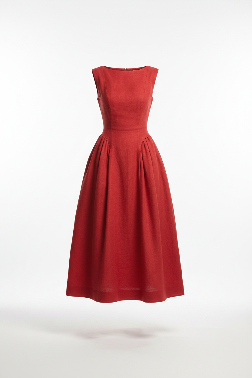 Red Linen Midi Dress – White Background