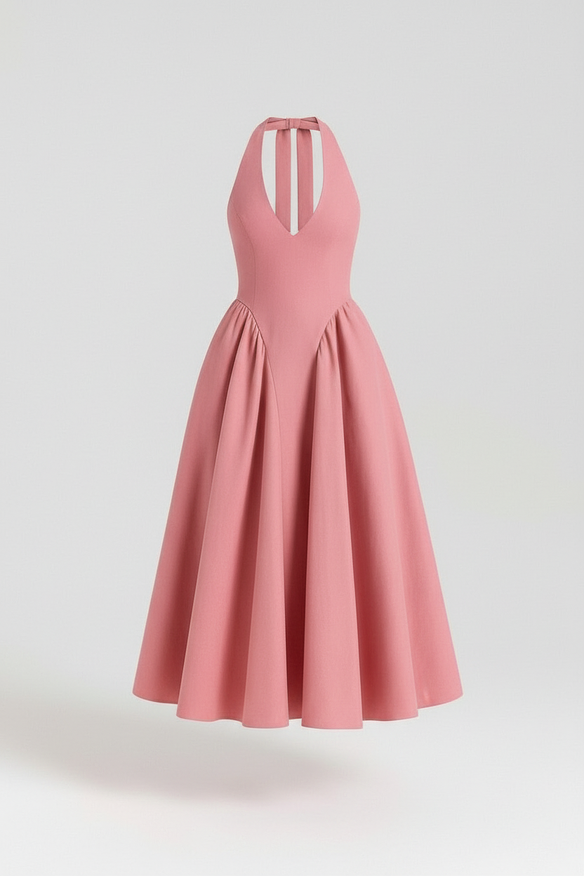 Rosé Halter Midi Dress – Front, No Model or Mannequin