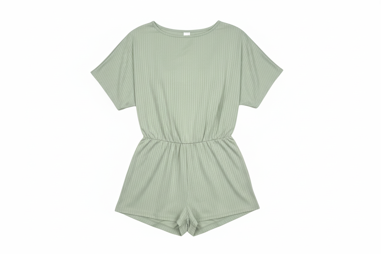 Sage green ribbed playsuit on white background