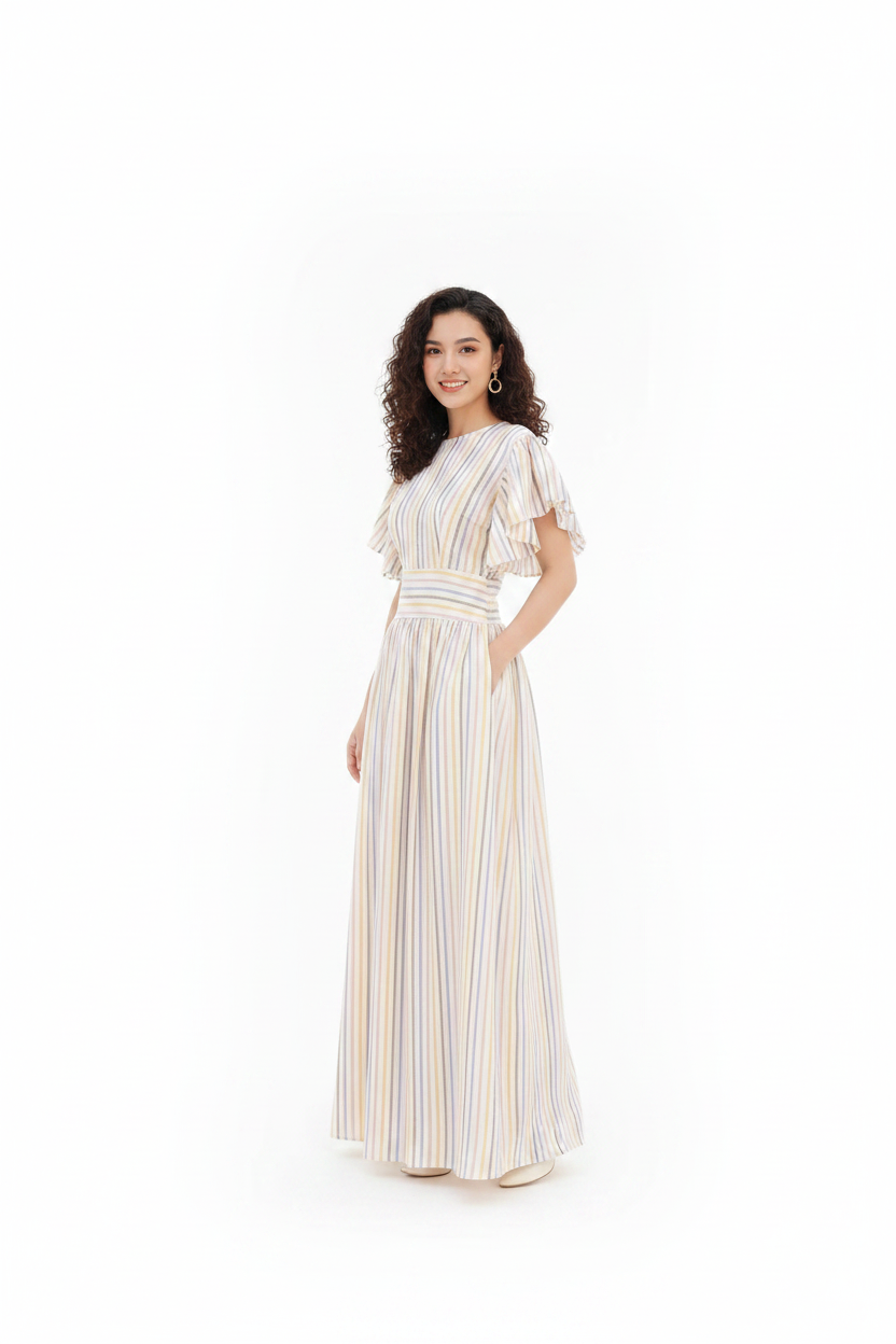 Striped Maxi Dress – White Background with Model