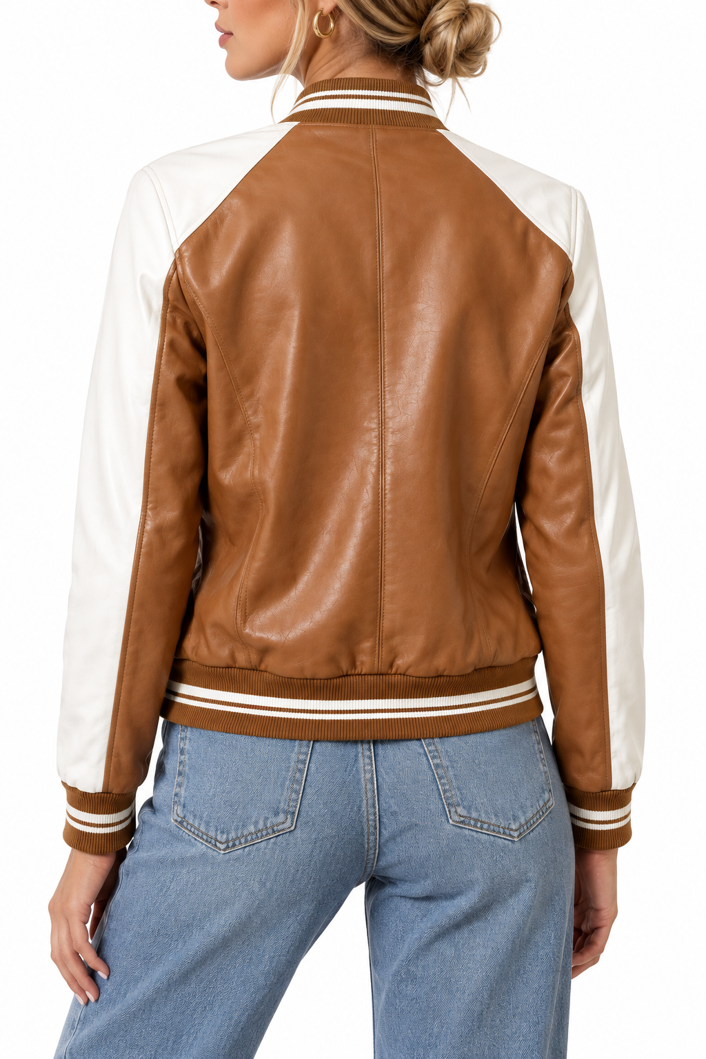Tan brown and white varsity jacket, back view with a different model