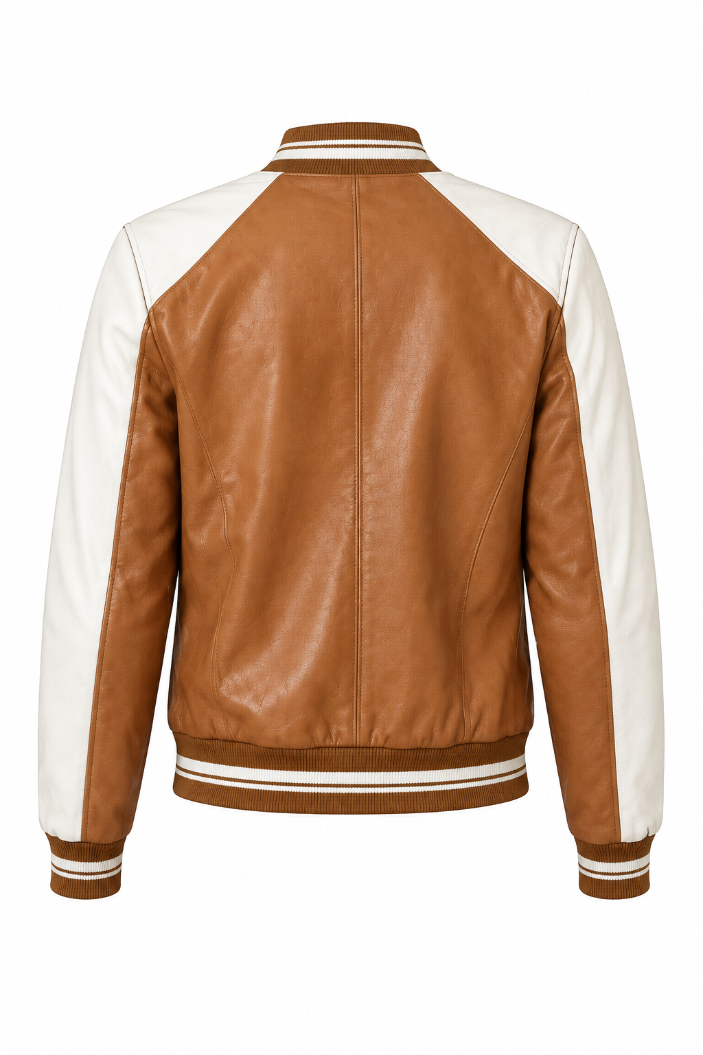 Tan brown and white varsity jacket, back