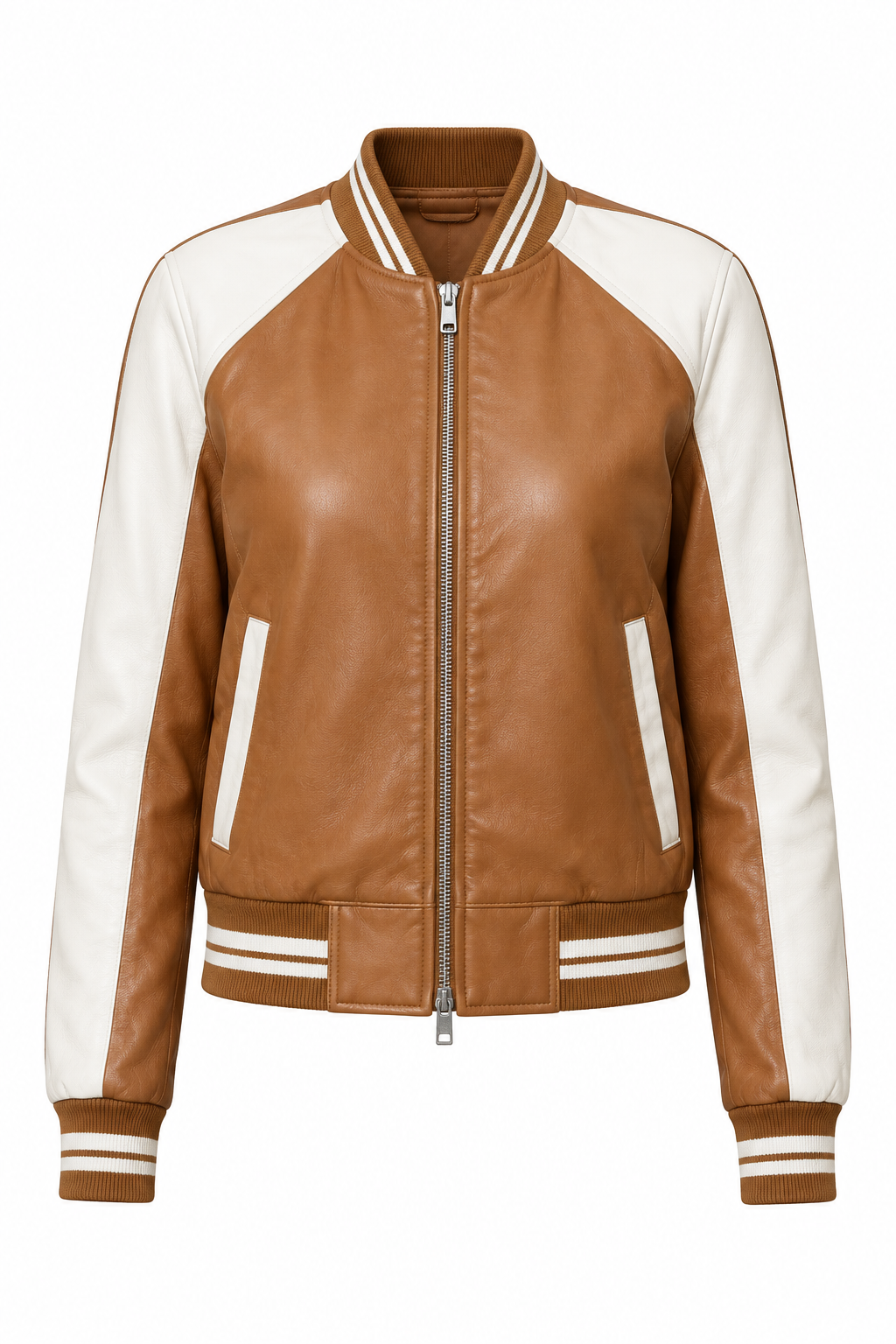Tan brown and white varsity jacket, front