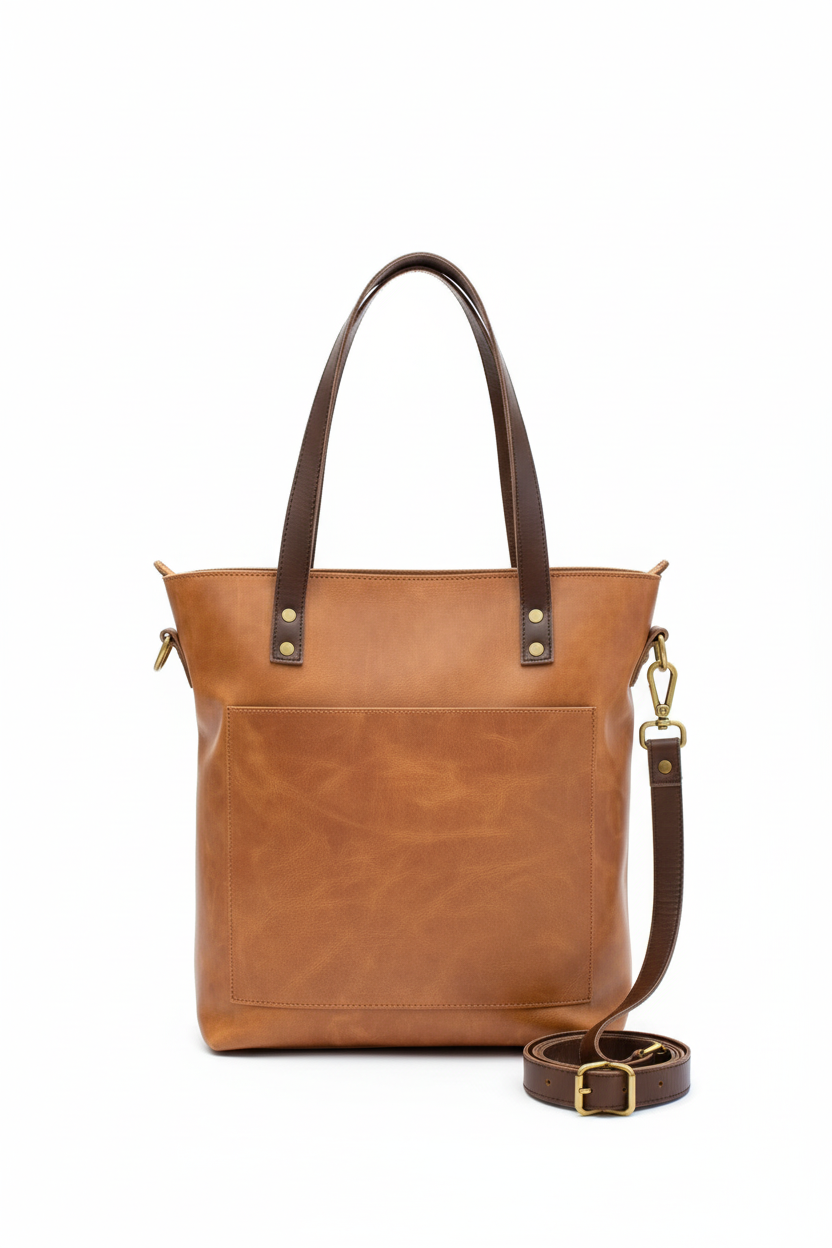 Tan Leather Tote Bag on White Background