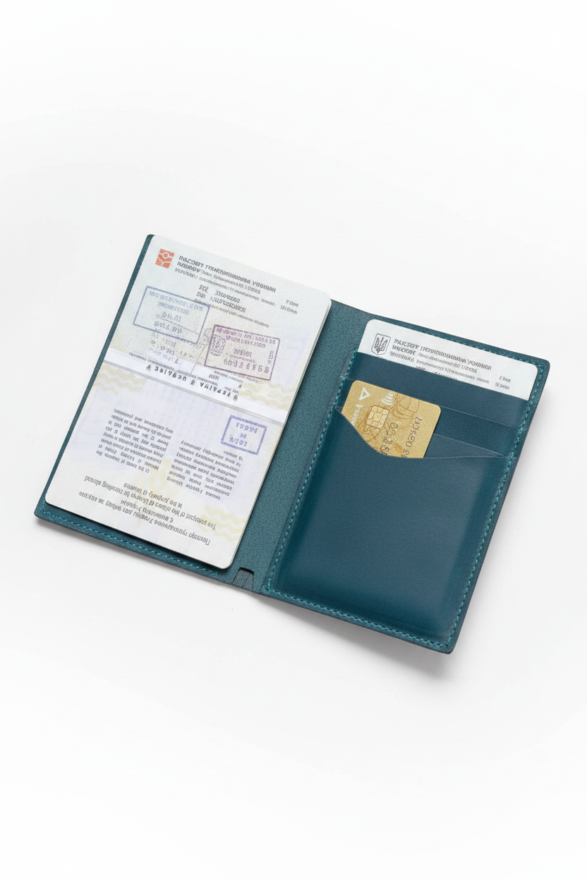 Teal passport cover open flat lay