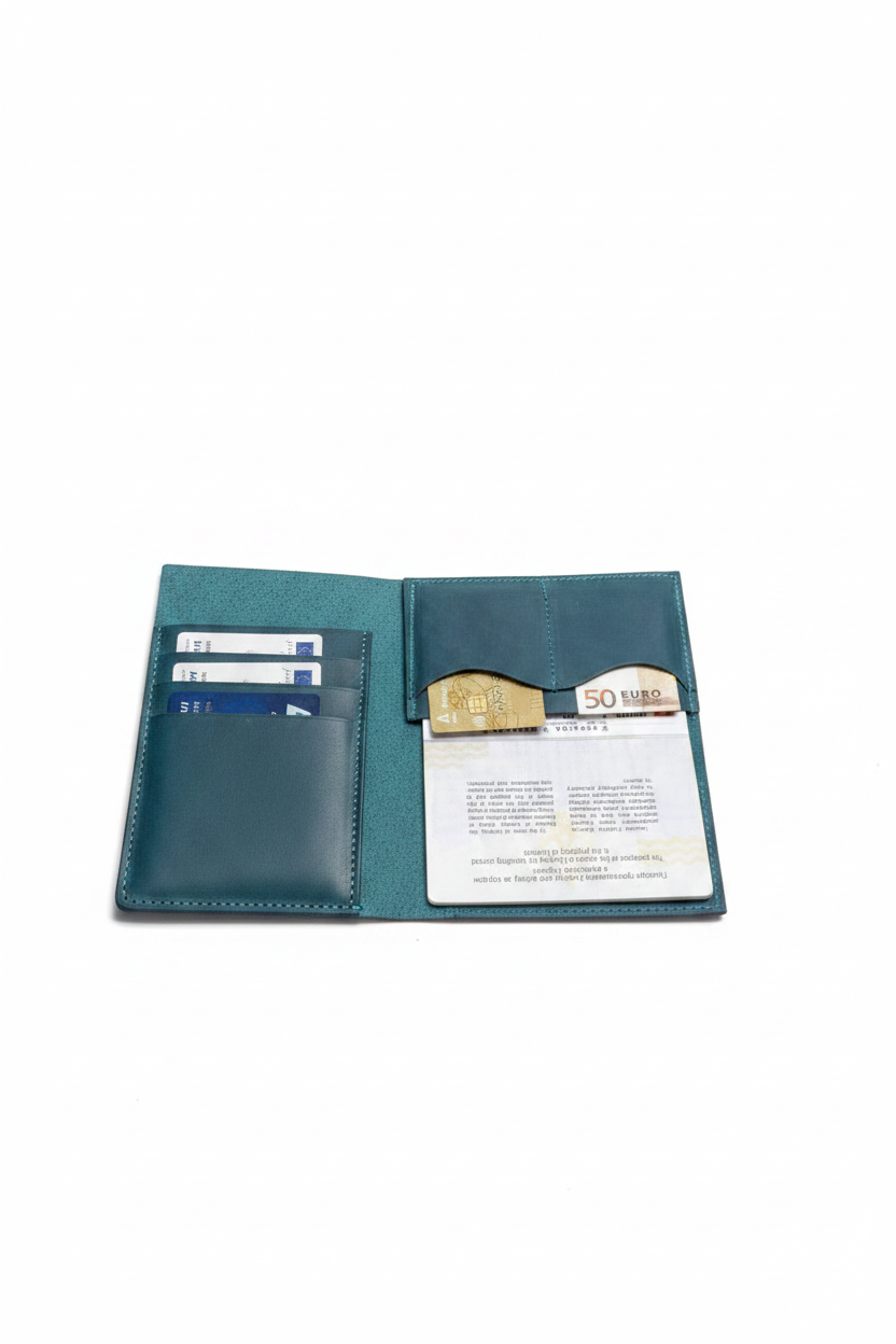 Teal passport cover open showing interior