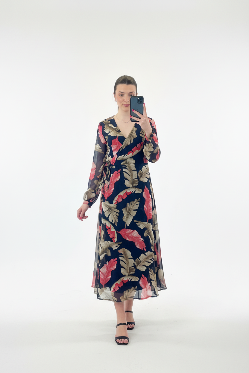 Tropical leaf print maxi dress with model on white background