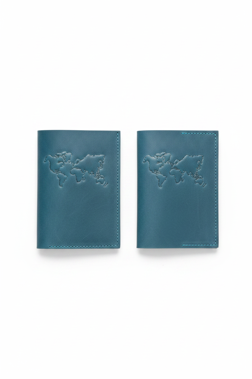 Two teal passport covers closed