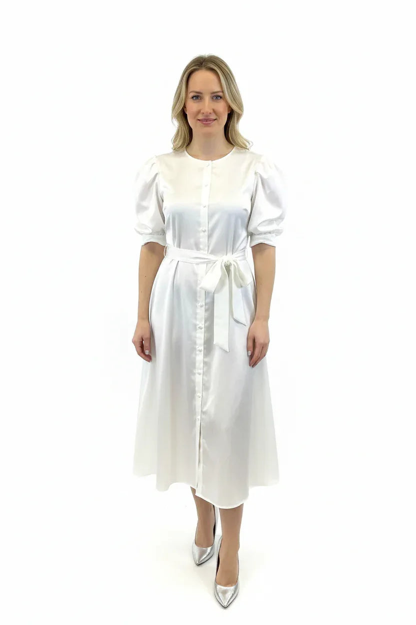 Cotton Puff Sleeve Midi Dress with Belt - One Size UK 8-14 - Ivory Luxe