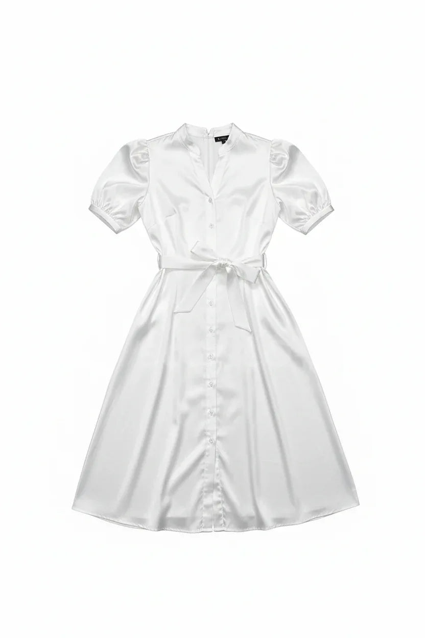 Cotton Puff Sleeve Midi Dress with Belt - One Size UK 8-14 - Ivory Luxe