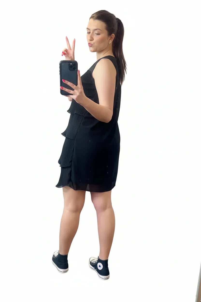 Black Tiered Pleated Dress UK | One Size Fits 8-14 | Sleeveless Party Dress - Ivory Luxe