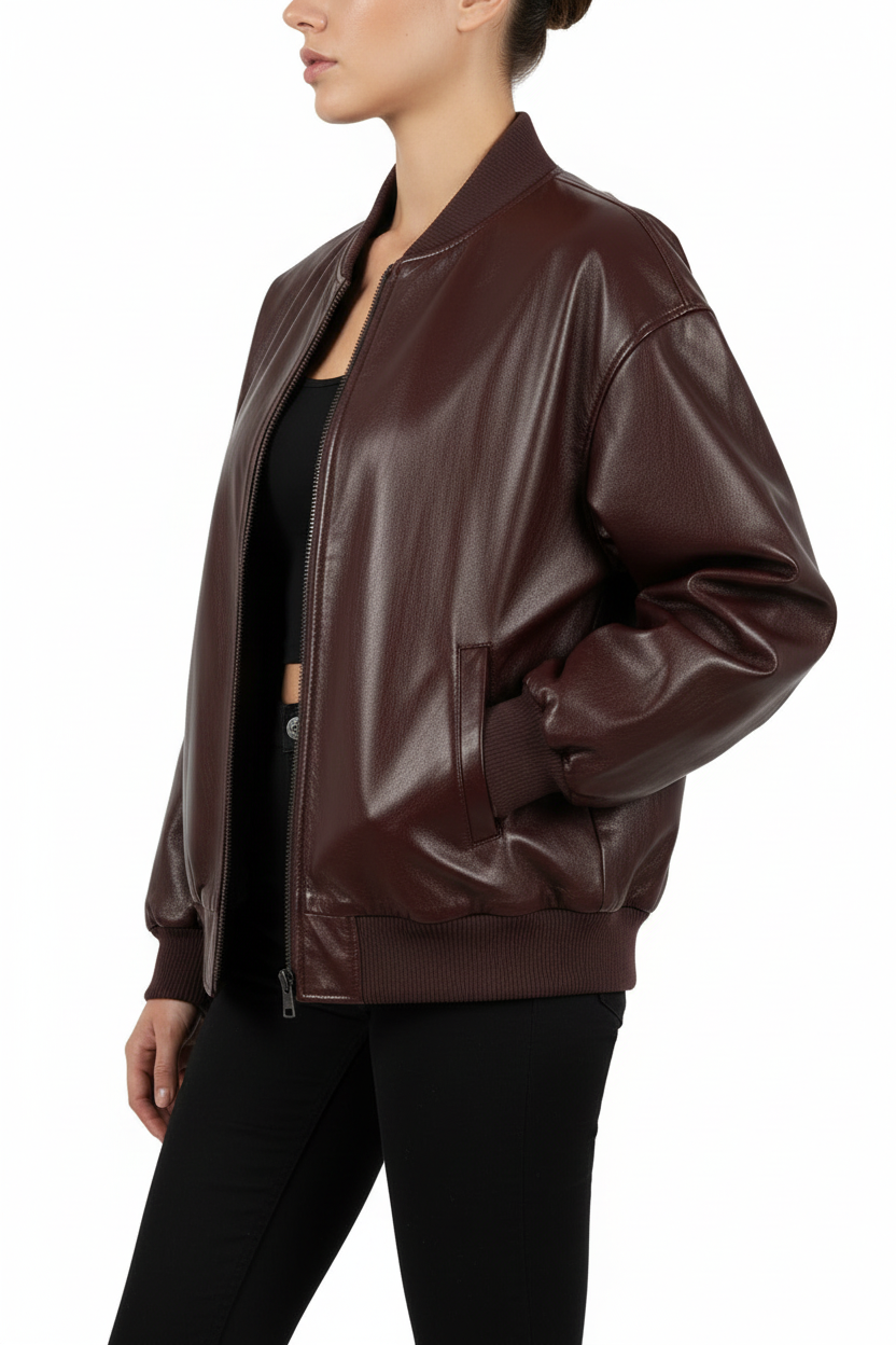 Women's burgundy bomber jacket 3/4 model
