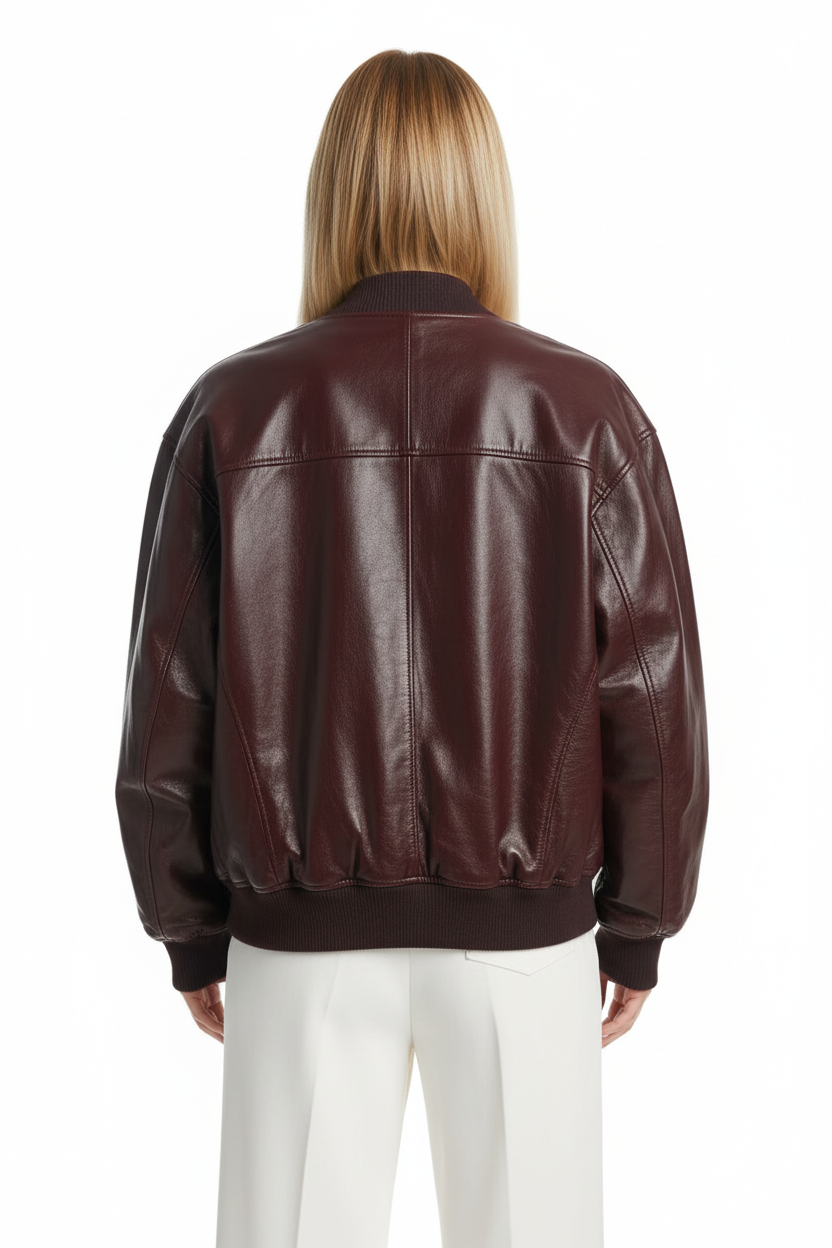 Women's burgundy bomber jacket back