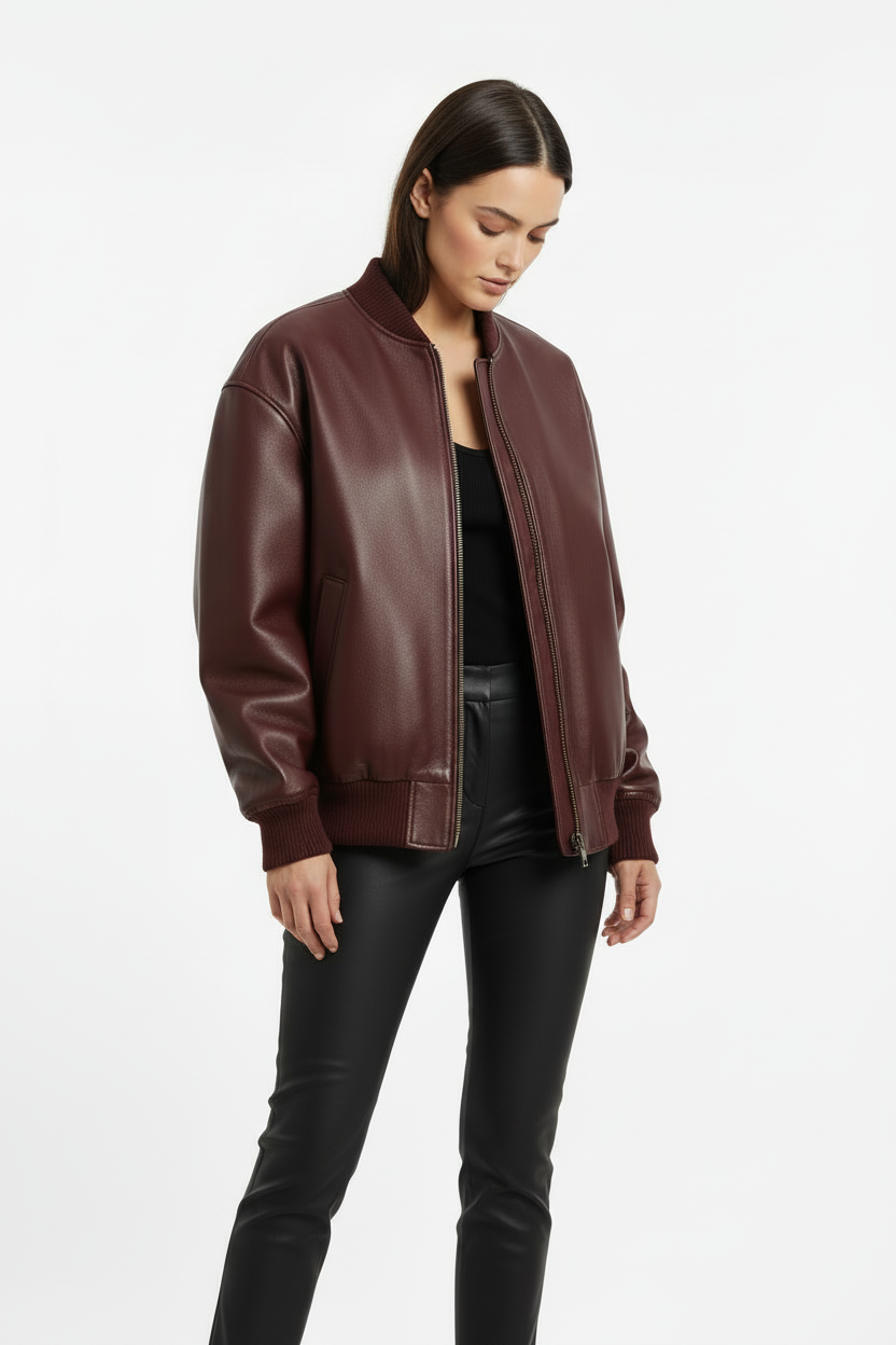 Women's burgundy bomber jacket correct neckline