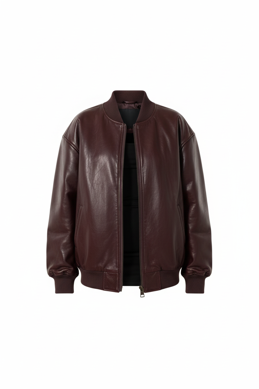 Women's burgundy bomber jacket front