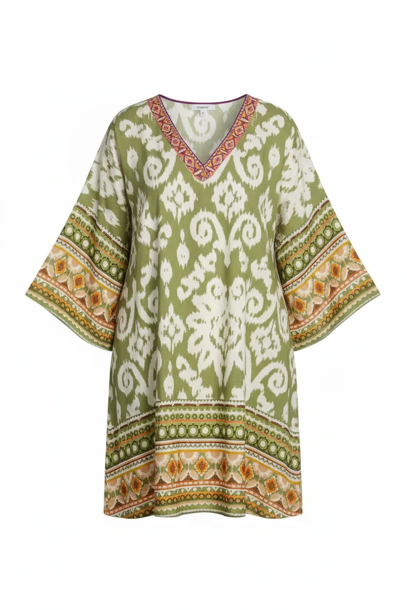 Women's Embellished Kaftan Dress UK | Luxury Printed Boho Tunic | Designer Short Dress - Ivory Luxe