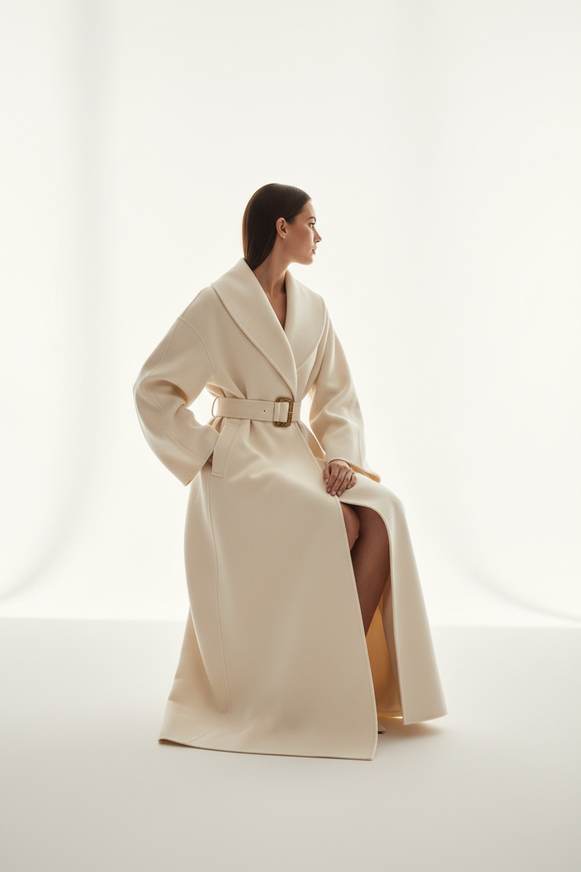 Wrap coat model seated editorial pose