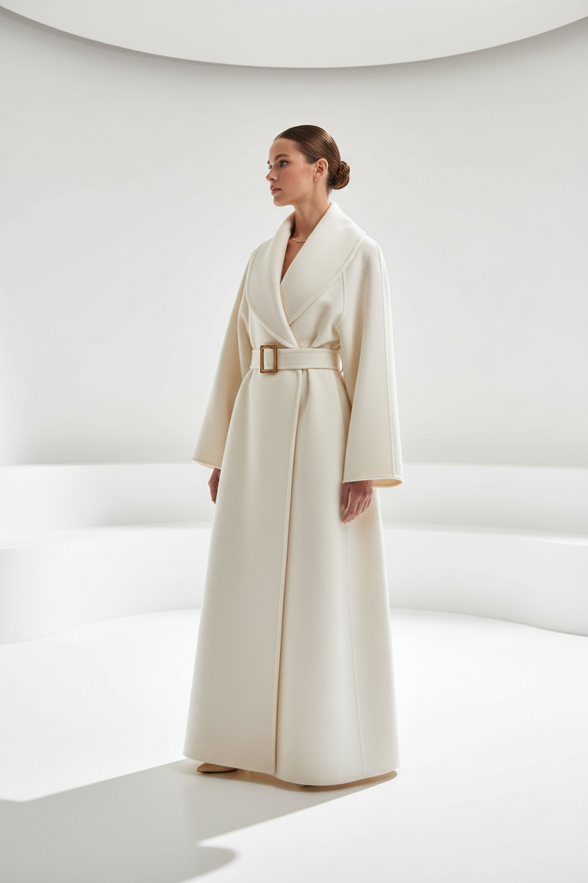 Wrap coat model three-quarter pose